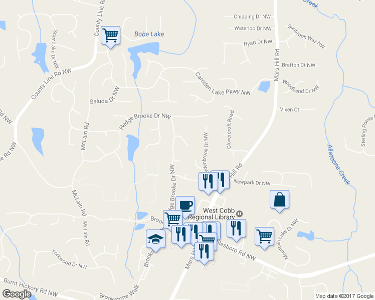 map of restaurants, bars, coffee shops, grocery stores, and more near 1901 Flat Creek Court Northwest in Acworth