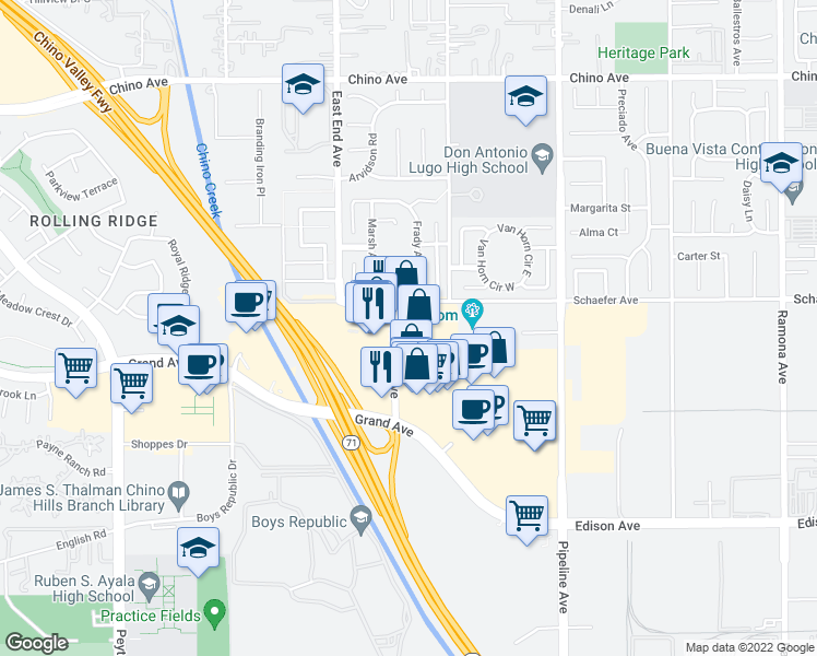 map of restaurants, bars, coffee shops, grocery stores, and more near 13721 Roswell Avenue in Chino
