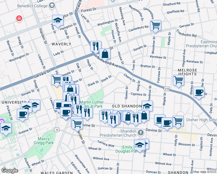 map of restaurants, bars, coffee shops, grocery stores, and more near 2414 Greene Street in Columbia