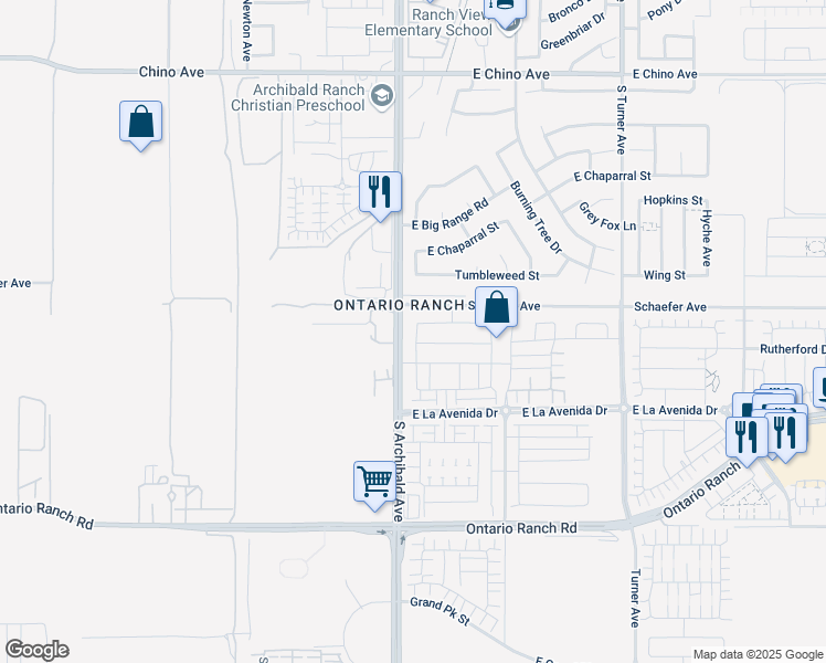 map of restaurants, bars, coffee shops, grocery stores, and more near 3834 South Dryden Avenue in Ontario