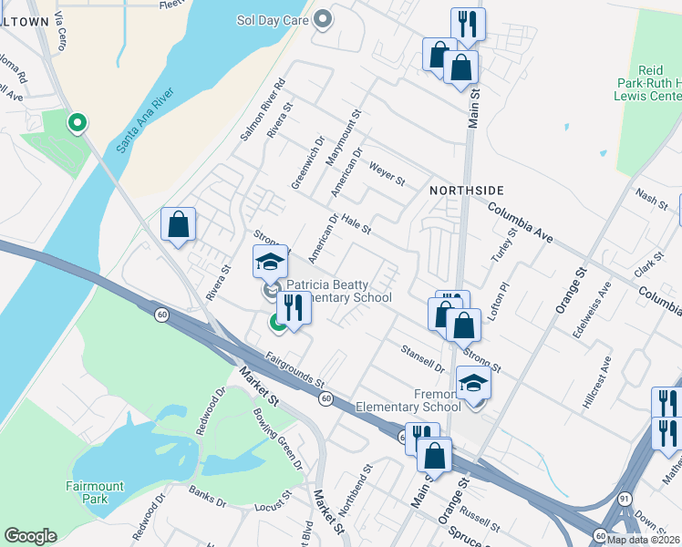 map of restaurants, bars, coffee shops, grocery stores, and more near 4111 Strong Street in Riverside