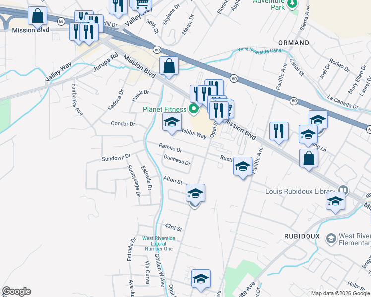 map of restaurants, bars, coffee shops, grocery stores, and more near 6349 Rathke Drive in Riverside