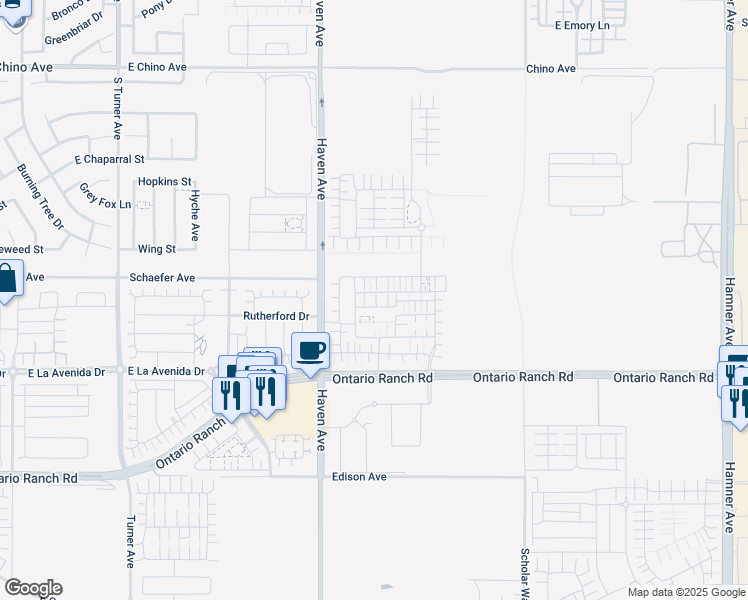 map of restaurants, bars, coffee shops, grocery stores, and more near 3572 E. Moonlight St. in Ontario