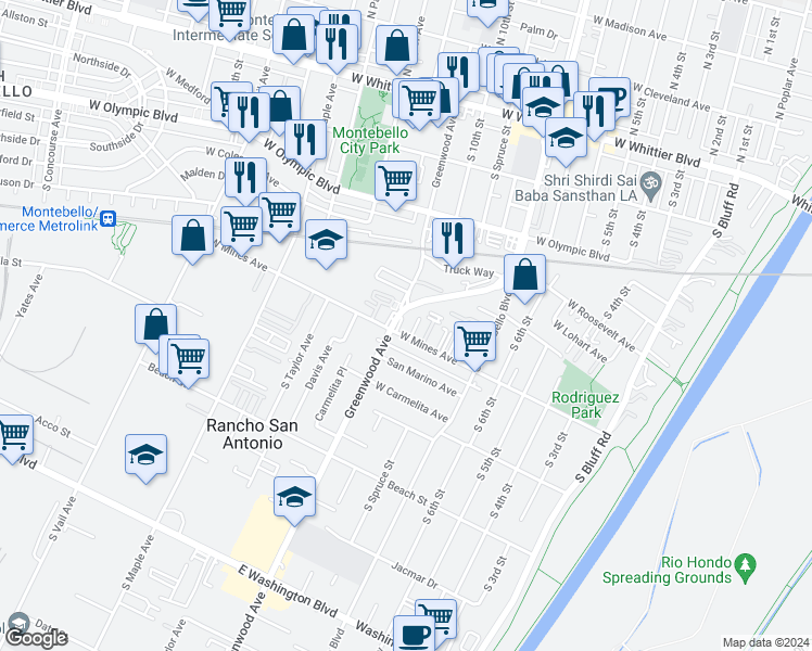 map of restaurants, bars, coffee shops, grocery stores, and more near in Montebello