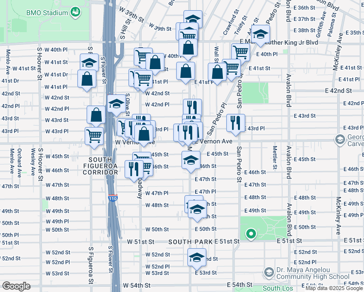 map of restaurants, bars, coffee shops, grocery stores, and more near 134 West Vernon Avenue in Los Angeles