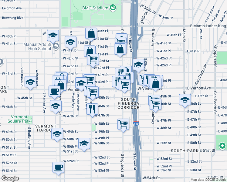 map of restaurants, bars, coffee shops, grocery stores, and more near 532 West Vernon Avenue in Los Angeles