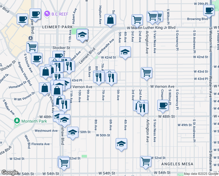 map of restaurants, bars, coffee shops, grocery stores, and more near 2838 West Vernon Avenue in Los Angeles