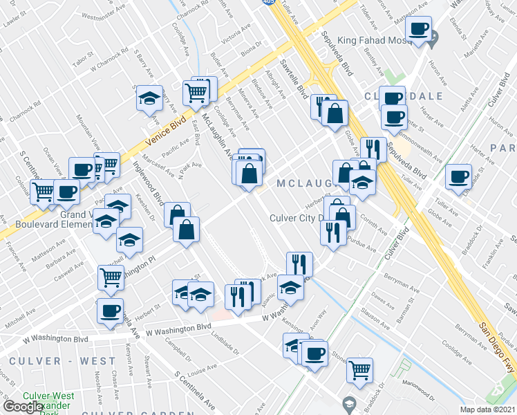 map of restaurants, bars, coffee shops, grocery stores, and more near 4038 McLaughlin Avenue in Los Angeles