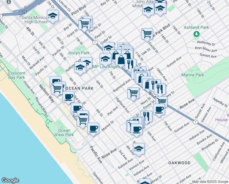 map of restaurants, bars, coffee shops, grocery stores, and more near 637 Ashland Avenue in Santa Monica