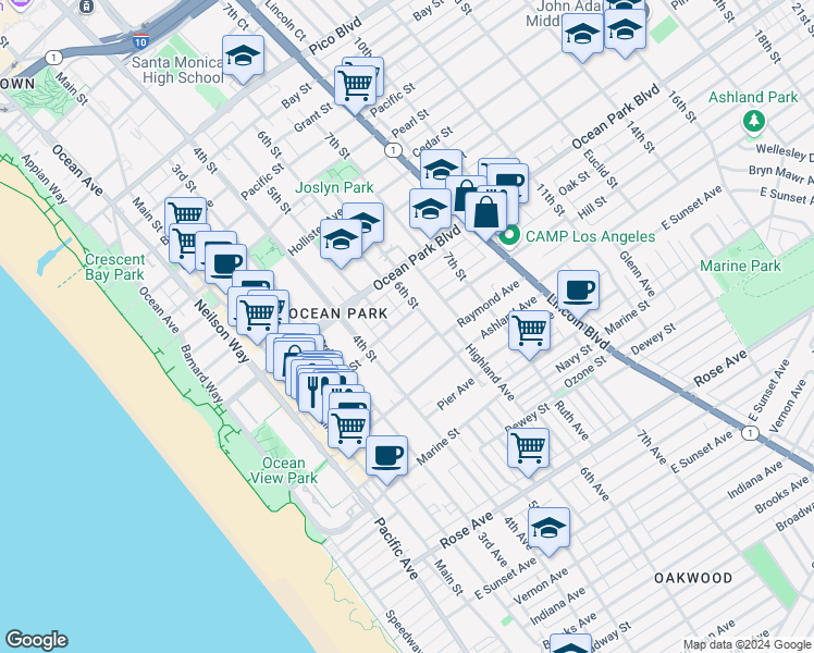 map of restaurants, bars, coffee shops, grocery stores, and more near 504 Hill Street in Santa Monica