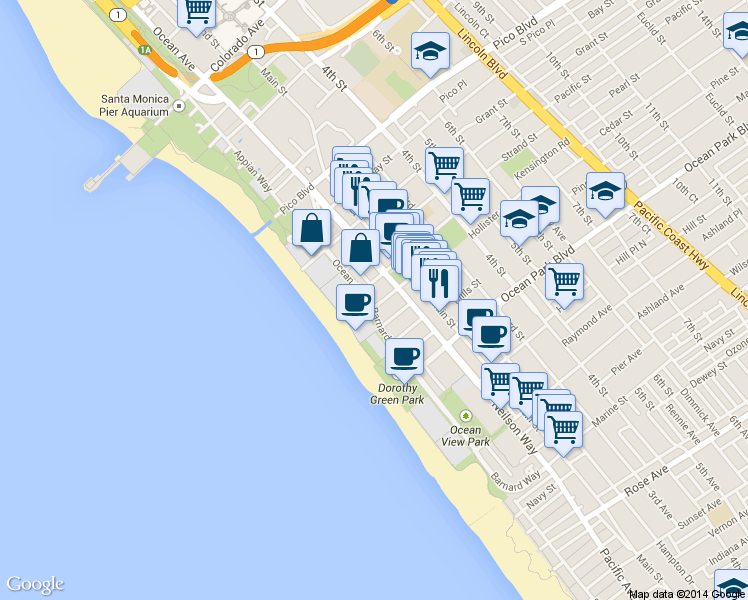 map of restaurants, bars, coffee shops, grocery stores, and more near 2306 Ocean Avenue in Santa Monica