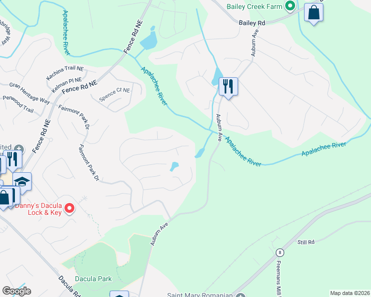map of restaurants, bars, coffee shops, grocery stores, and more near 2713 Carleton Gold Road in Dacula