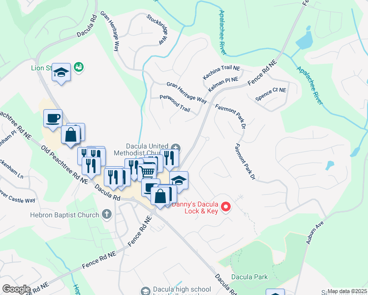 map of restaurants, bars, coffee shops, grocery stores, and more near 2800-2840 Fence Road Northeast in Dacula
