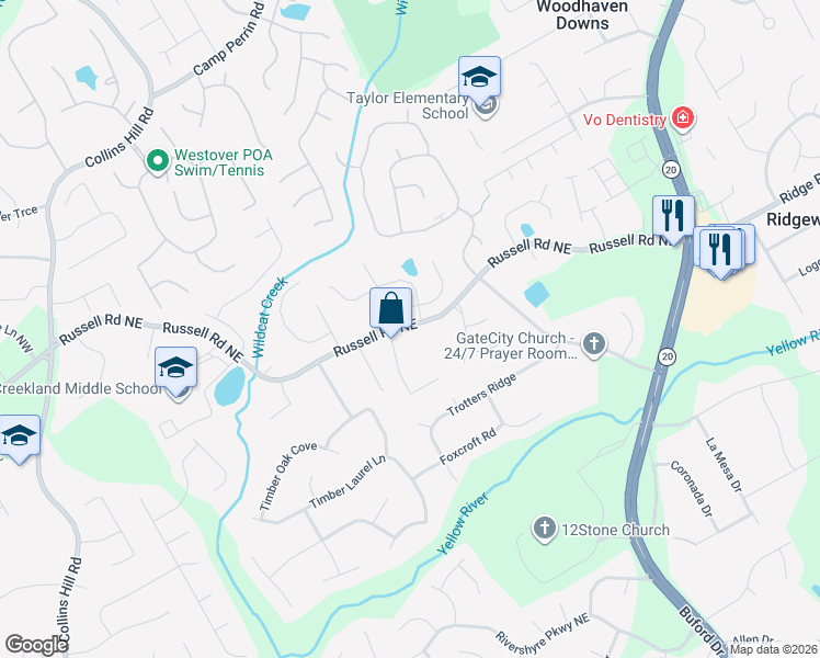 map of restaurants, bars, coffee shops, grocery stores, and more near 380 Russell Road Northeast in Lawrenceville