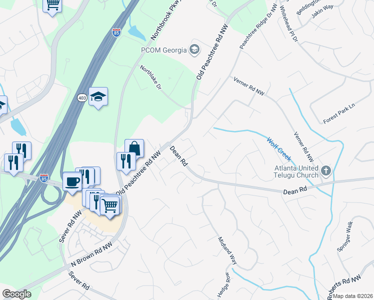 map of restaurants, bars, coffee shops, grocery stores, and more near 2397 Birkhall Way Northwest in Lawrenceville