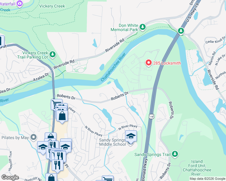 map of restaurants, bars, coffee shops, grocery stores, and more near 230 Rivermere Way in Atlanta