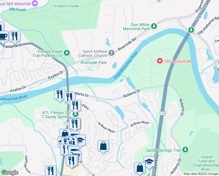 map of restaurants, bars, coffee shops, grocery stores, and more near 55 Serendipity Way in Sandy Springs