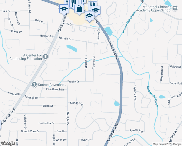 map of restaurants, bars, coffee shops, grocery stores, and more near 2133 Tourney Drive in Marietta