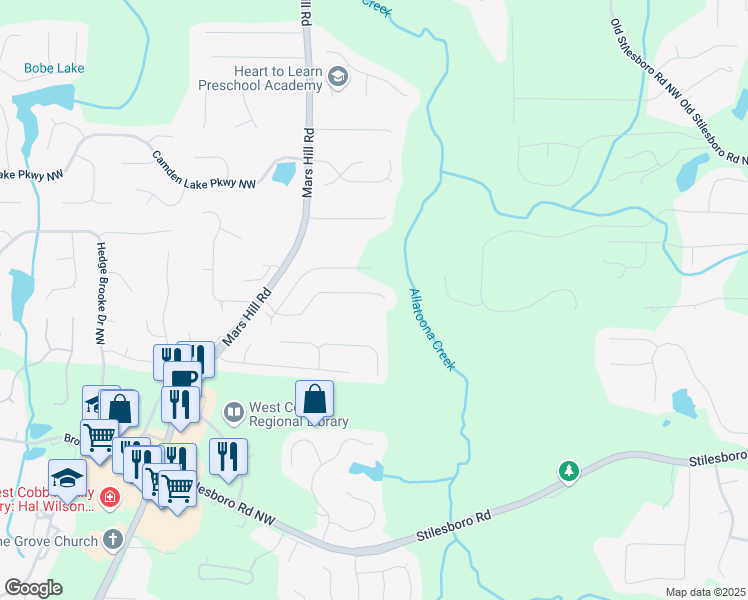 map of restaurants, bars, coffee shops, grocery stores, and more near 4901 Pleasantry Way Northwest in Acworth