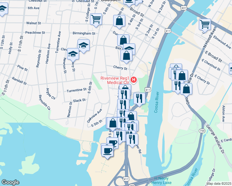 map of restaurants, bars, coffee shops, grocery stores, and more near 706 South 4th Street in Gadsden