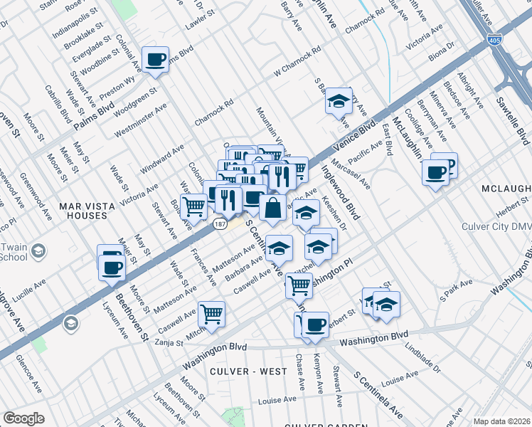 map of restaurants, bars, coffee shops, grocery stores, and more near 12307 Pacific Avenue in Los Angeles