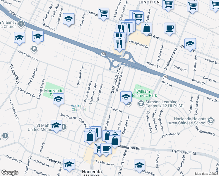 map of restaurants, bars, coffee shops, grocery stores, and more near 15733 Atglen Street in Hacienda Heights