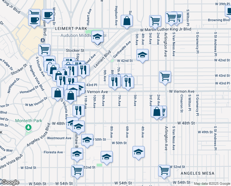 map of restaurants, bars, coffee shops, grocery stores, and more near 2914 West Vernon Avenue in Los Angeles