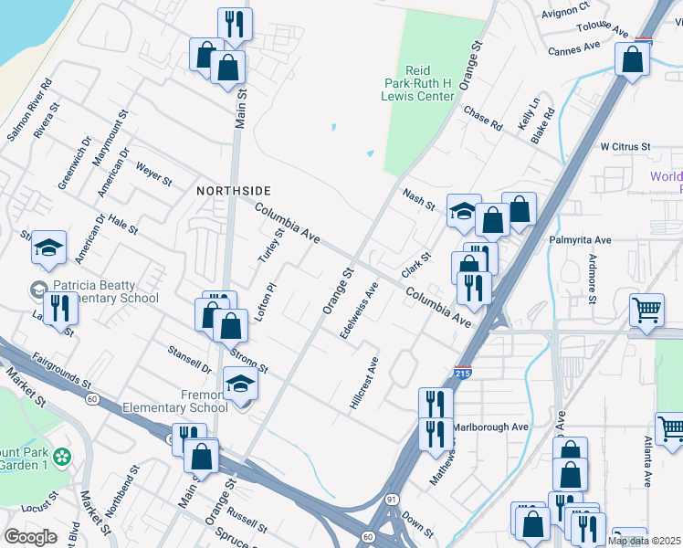 map of restaurants, bars, coffee shops, grocery stores, and more near 1275 Orange Street in Riverside