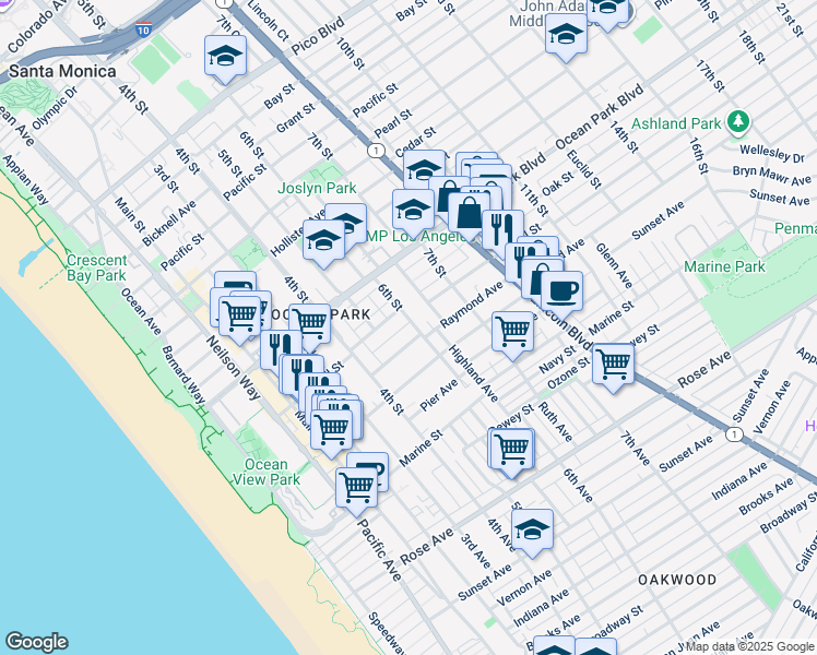 map of restaurants, bars, coffee shops, grocery stores, and more near 2722 6th Street in Santa Monica