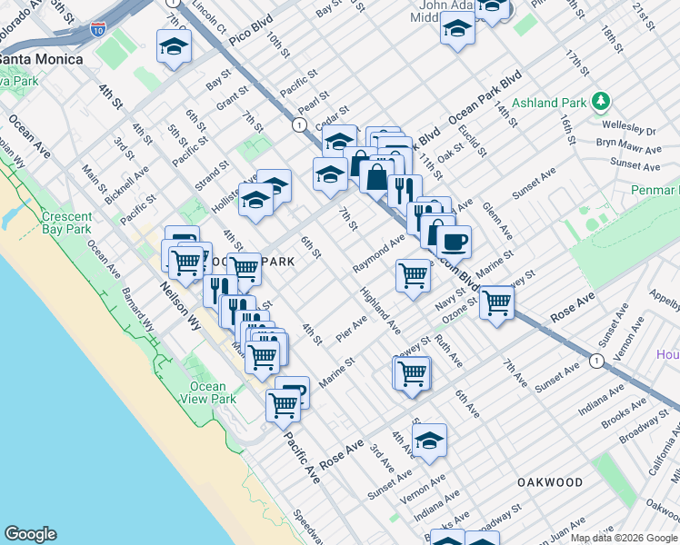 map of restaurants, bars, coffee shops, grocery stores, and more near 2727 6th Street in Santa Monica