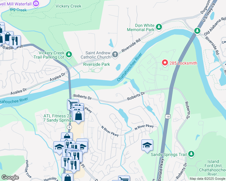 map of restaurants, bars, coffee shops, grocery stores, and more near 55 Serendipity Way in Sandy Springs
