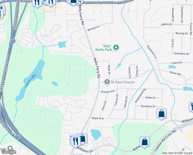 map of restaurants, bars, coffee shops, grocery stores, and more near 2115 Bells Ferry Road in Marietta