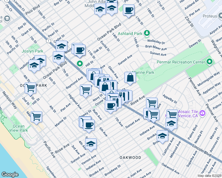map of restaurants, bars, coffee shops, grocery stores, and more near 1002 Marine Street in Santa Monica