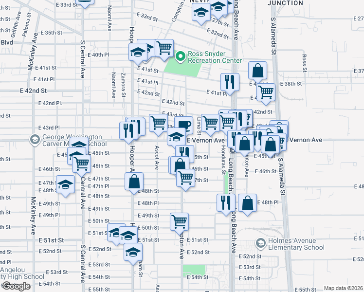 map of restaurants, bars, coffee shops, grocery stores, and more near 4445 Compton Avenue in Los Angeles