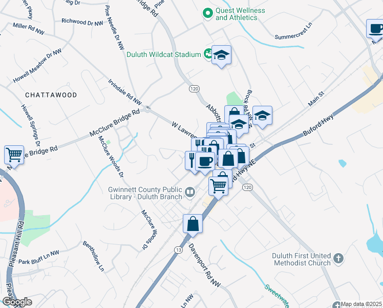 map of restaurants, bars, coffee shops, grocery stores, and more near 3700 Knox Drive Northwest in Duluth