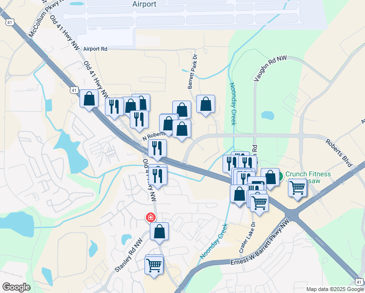 map of restaurants, bars, coffee shops, grocery stores, and more near 1690 Roberts Boulevard in Kennesaw