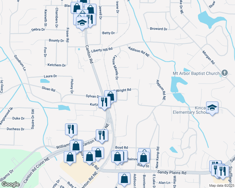 map of restaurants, bars, coffee shops, grocery stores, and more near Oland Circle in Cobb County