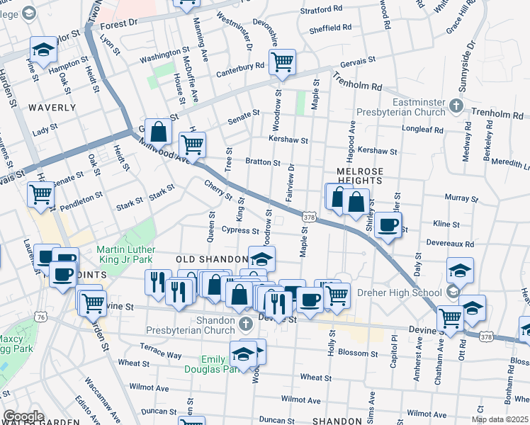 map of restaurants, bars, coffee shops, grocery stores, and more near 2623 Cherry Street in Columbia