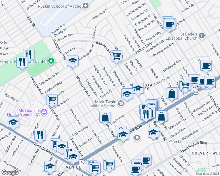 map of restaurants, bars, coffee shops, grocery stores, and more near 3556 Maplewood Avenue in Los Angeles