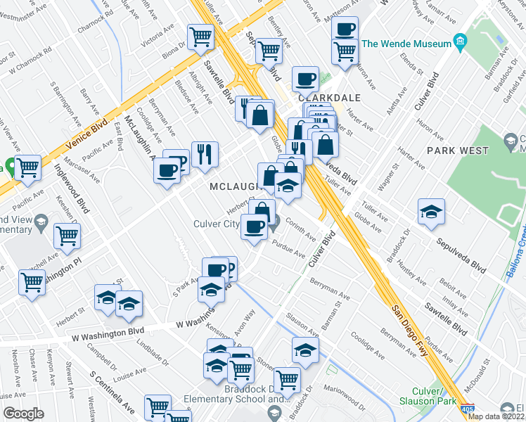 map of restaurants, bars, coffee shops, grocery stores, and more near 4128 Bledsoe Avenue in Los Angeles