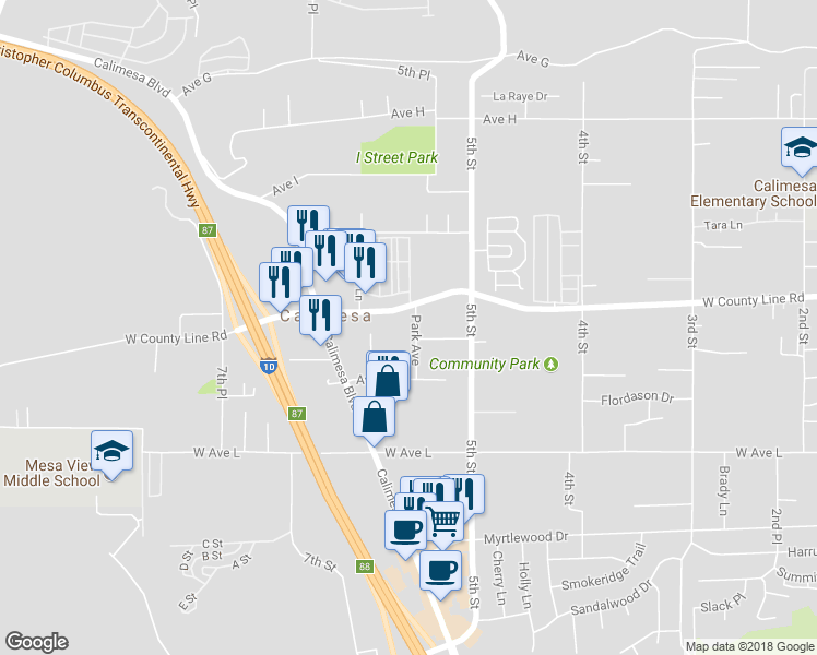 map of restaurants, bars, coffee shops, grocery stores, and more near 906 Park Avenue in Calimesa