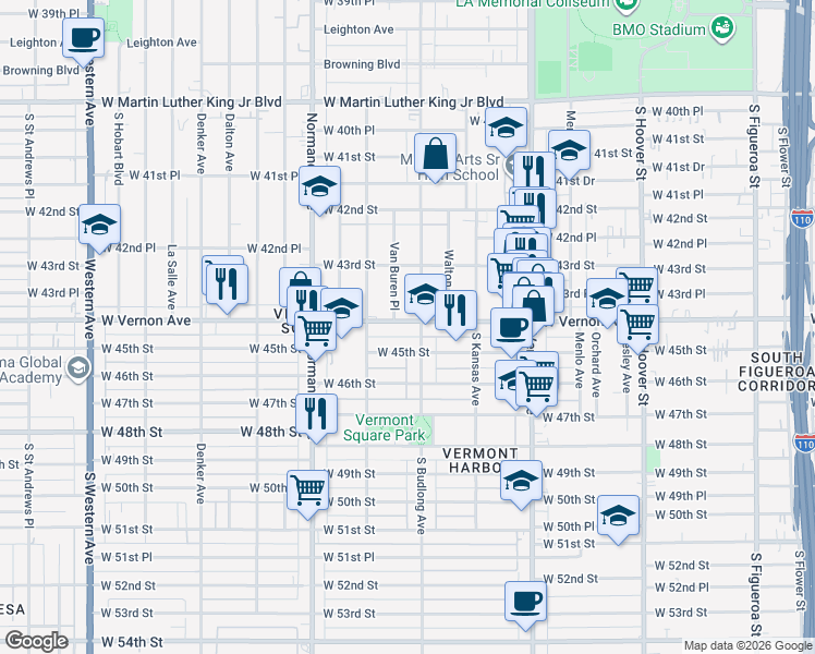 map of restaurants, bars, coffee shops, grocery stores, and more near 1212 West Vernon Avenue in Los Angeles