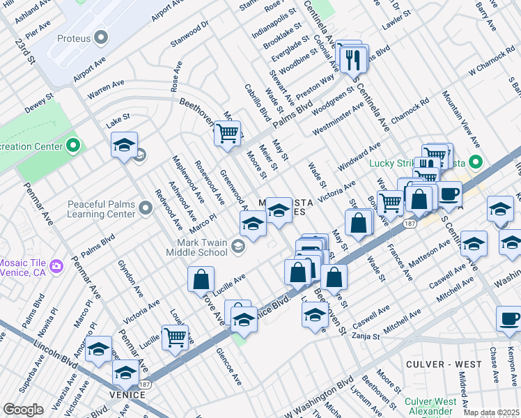 map of restaurants, bars, coffee shops, grocery stores, and more near 3633 Beethoven Street in Los Angeles