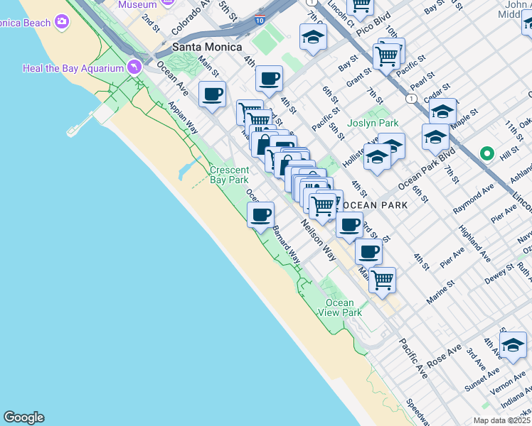 map of restaurants, bars, coffee shops, grocery stores, and more near 2306 Ocean Avenue in Santa Monica
