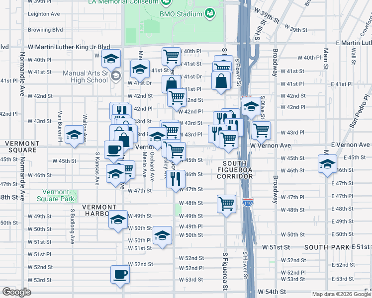 map of restaurants, bars, coffee shops, grocery stores, and more near 702 West Vernon Avenue in Los Angeles