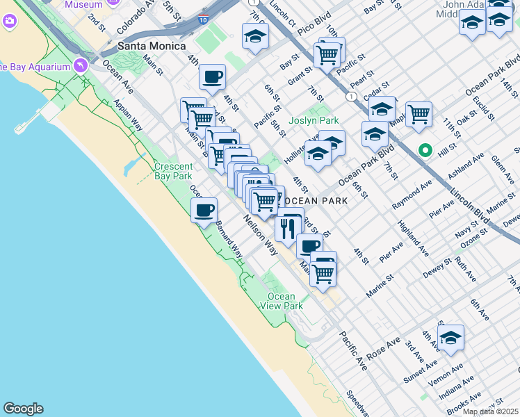 map of restaurants, bars, coffee shops, grocery stores, and more near 2439 Main Street in Santa Monica