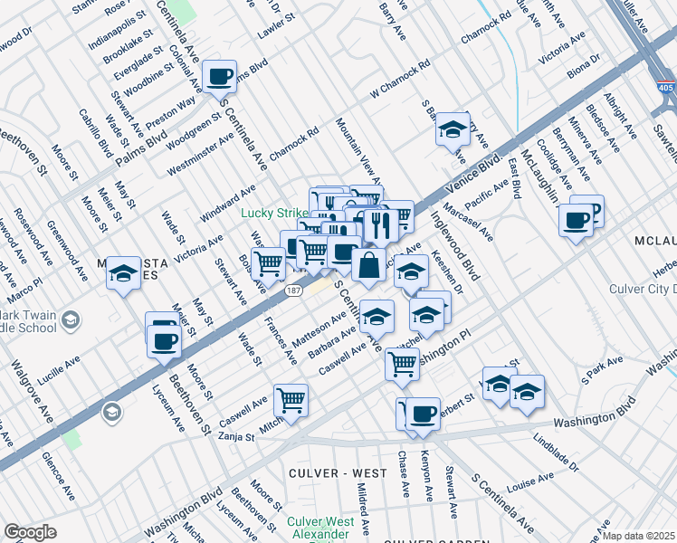 map of restaurants, bars, coffee shops, grocery stores, and more near 12317 Pacific Avenue in Los Angeles
