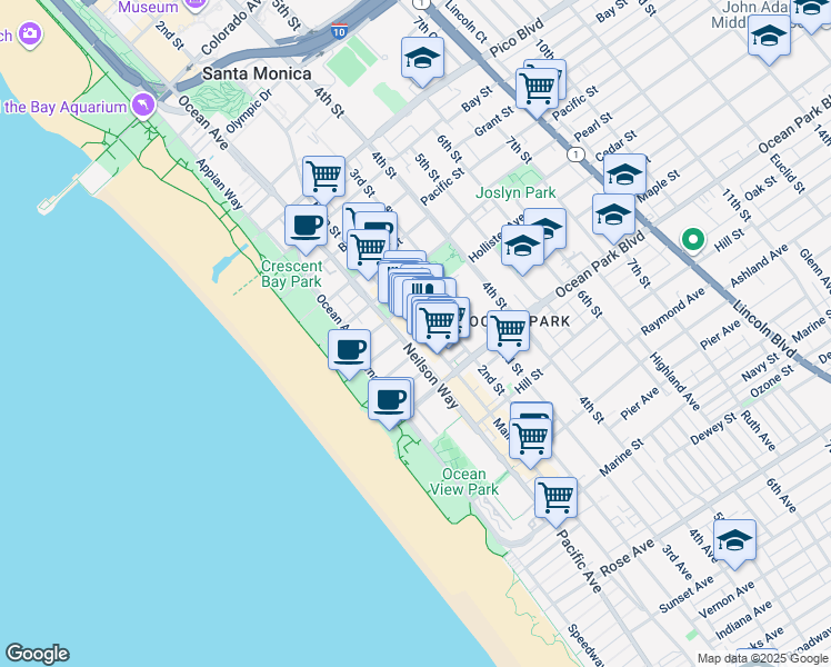 map of restaurants, bars, coffee shops, grocery stores, and more near 2439 Main Street in Santa Monica