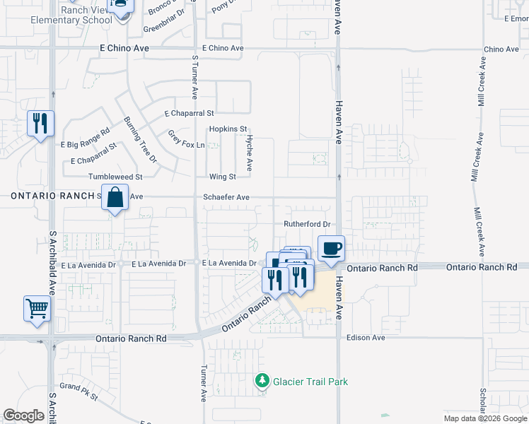 map of restaurants, bars, coffee shops, grocery stores, and more near 3285 Mayacama Way in Ontario