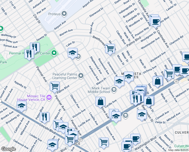 map of restaurants, bars, coffee shops, grocery stores, and more near 3529 Ashwood Avenue in Los Angeles